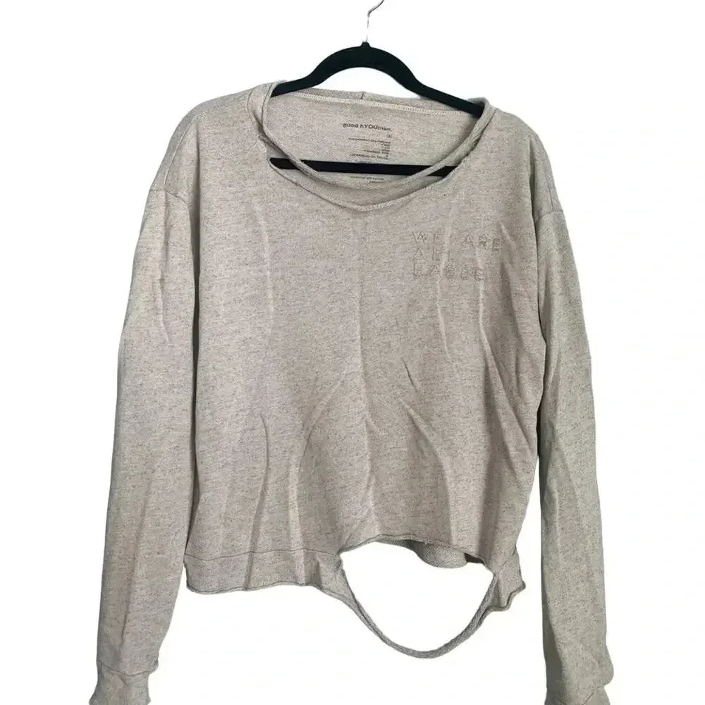 Good hYOUman We Are All Babes Ripped Grey Cotton Cozy Boho Sweatshirt- Small